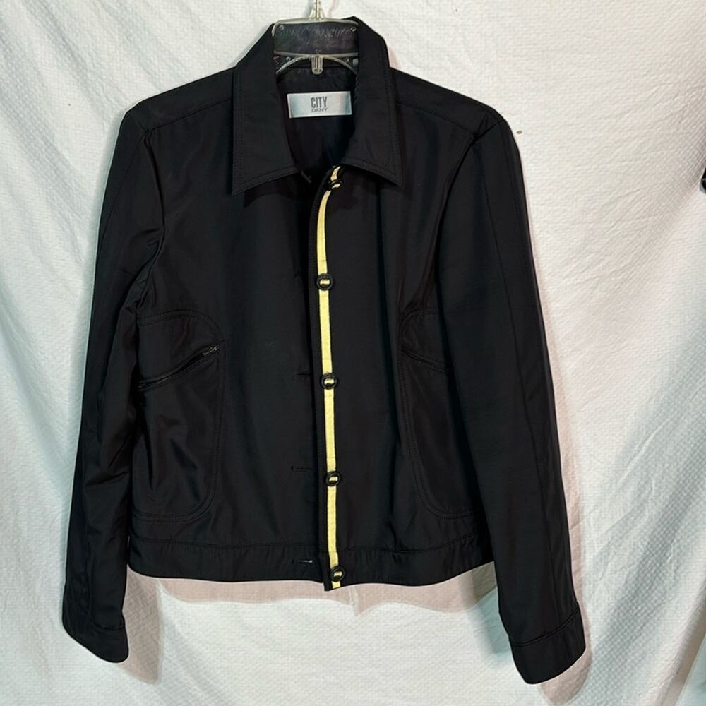 City DKNY black 10 jacket pale yellow grosgrain placket ribbon pockets euc